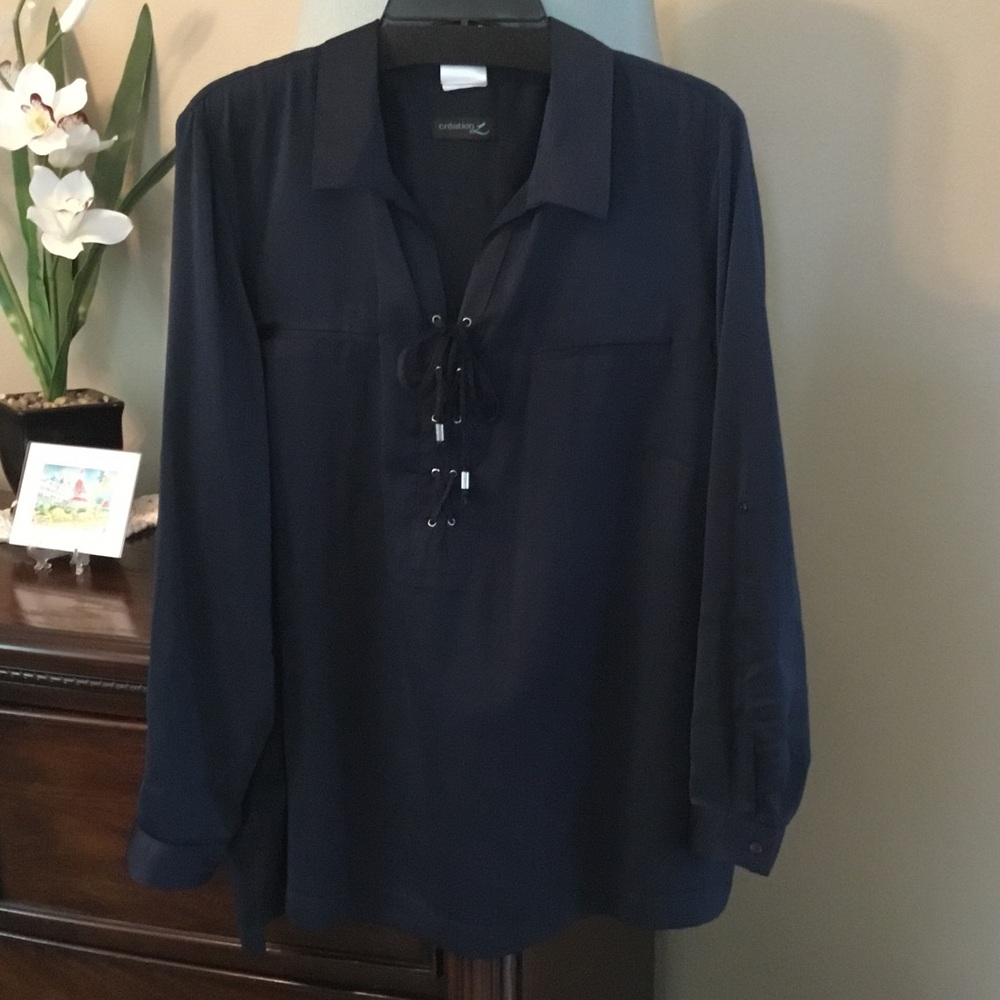 Creation L-EUC-Women’s Lace-Up Navy Satin Blouse